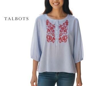Talbots Blue Pinstriped Embroidered Blouse Boho Peasant Casual Size Medium